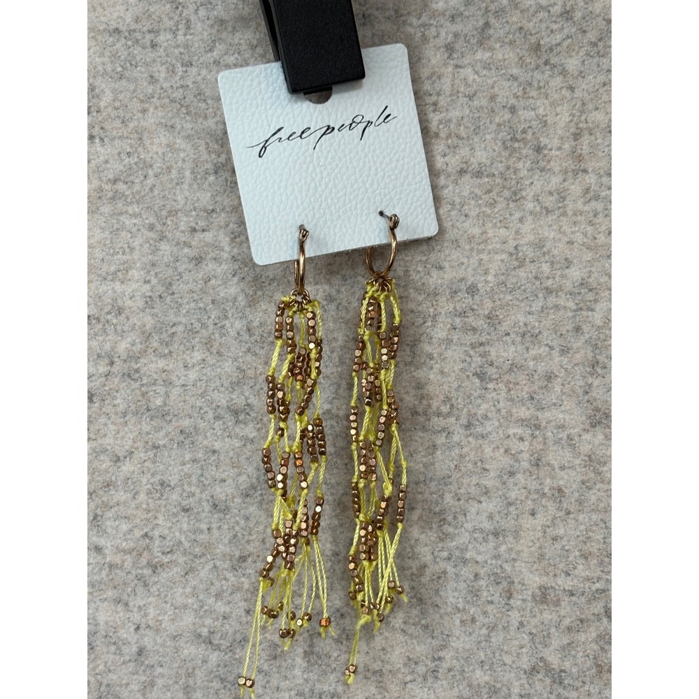 Free People Beaded Tassel Drop Earrings Yellow Boho Fringe Statement QR24172